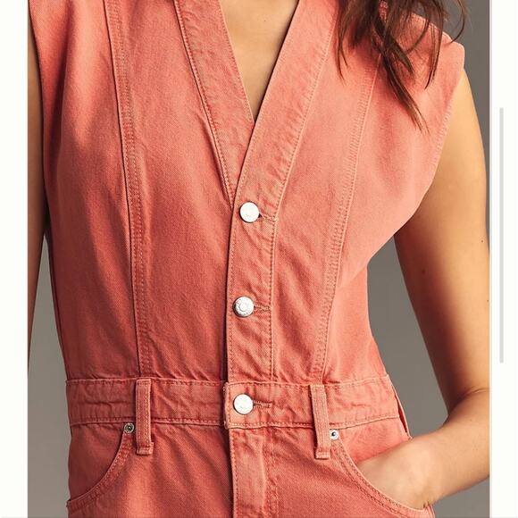 Etica Anthropologie Camden Denim Jumpsuit Coral Wide Leg Utility Small NWT - Picture 6 of 16